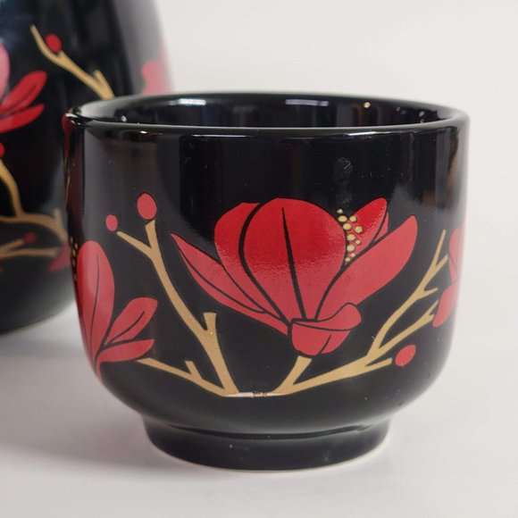 Black Teapot and Cup Set Red Flower Design Asian Missing Handle - Picture 3 of 14